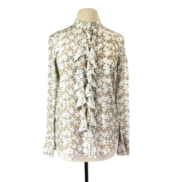 Karl Reiman Blouse Womens Size 4 White/Tan Silk Floral Ruffle Button Down Soft - Picture 1 of 7